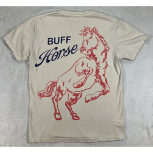 Donut Buff Horse Men's T-Shirt Size Medium Blue Red Cream Huge Graphic Horse